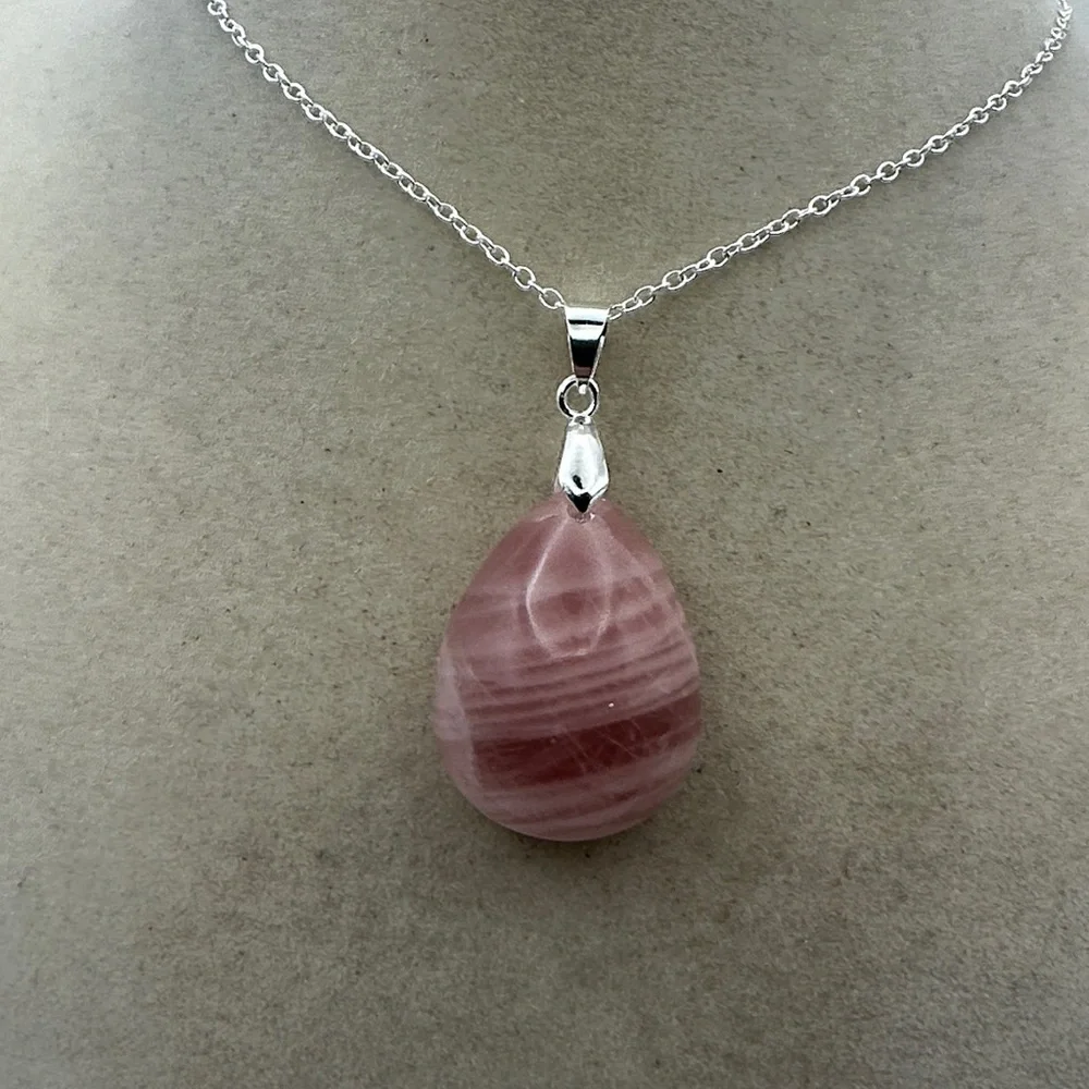 Madagascar Rose Quartz Teardrop Pendant Necklace on Silver Plated Box Chain